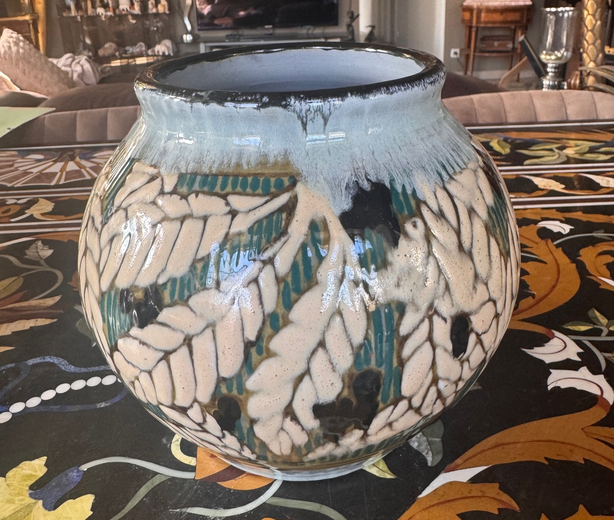 Léon Brunard (1872–1933)  Grand vase boule en céramique émaillée – Décor floral stylisé – -photo-4