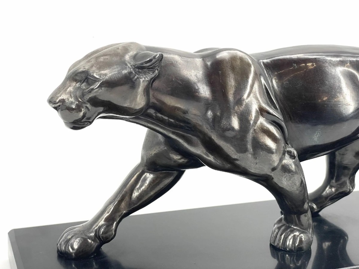 Panthère marchant – d’après Alexandre Ouline (1895-1944) Sculpture en bronze à patine argentée -photo-2