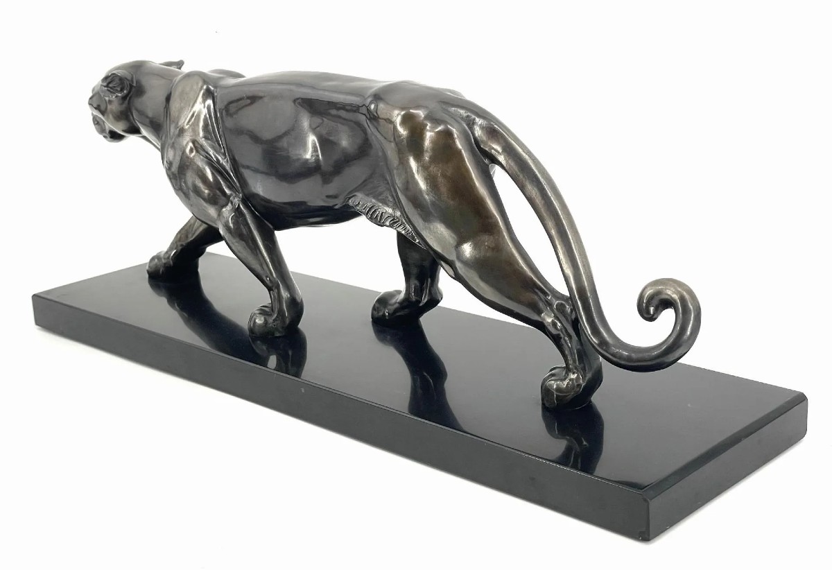 Panthère marchant – d’après Alexandre Ouline (1895-1944) Sculpture en bronze à patine argentée -photo-3