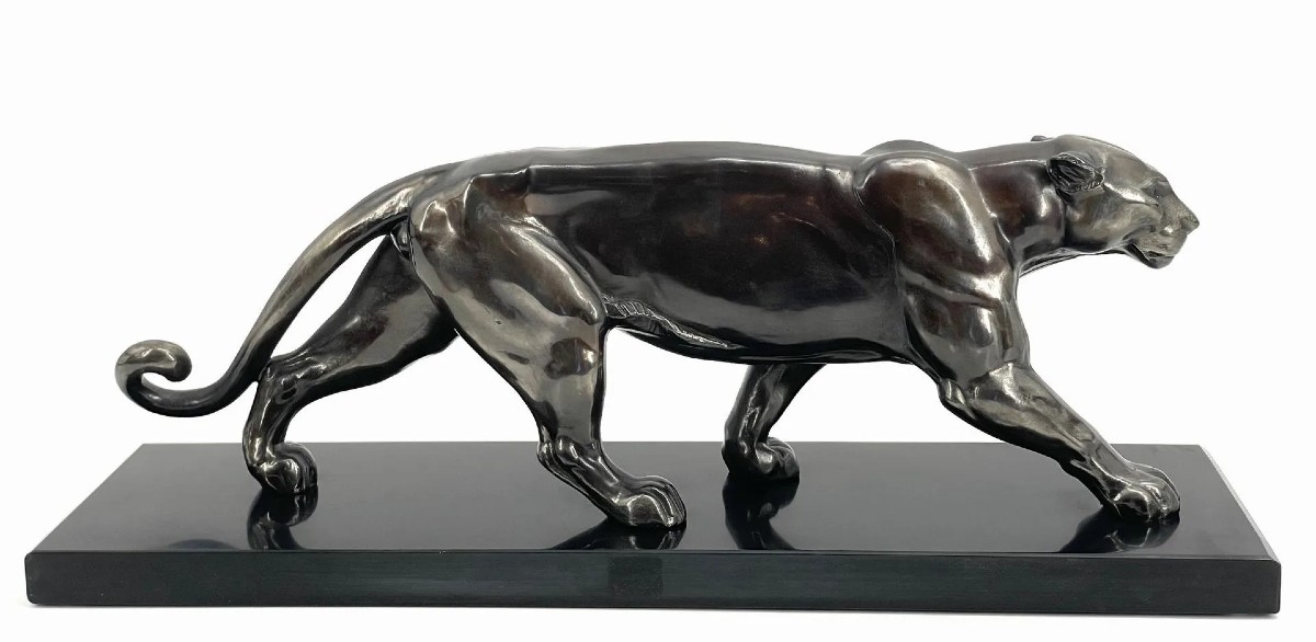 Panthère marchant – d’après Alexandre Ouline (1895-1944) Sculpture en bronze à patine argentée -photo-4