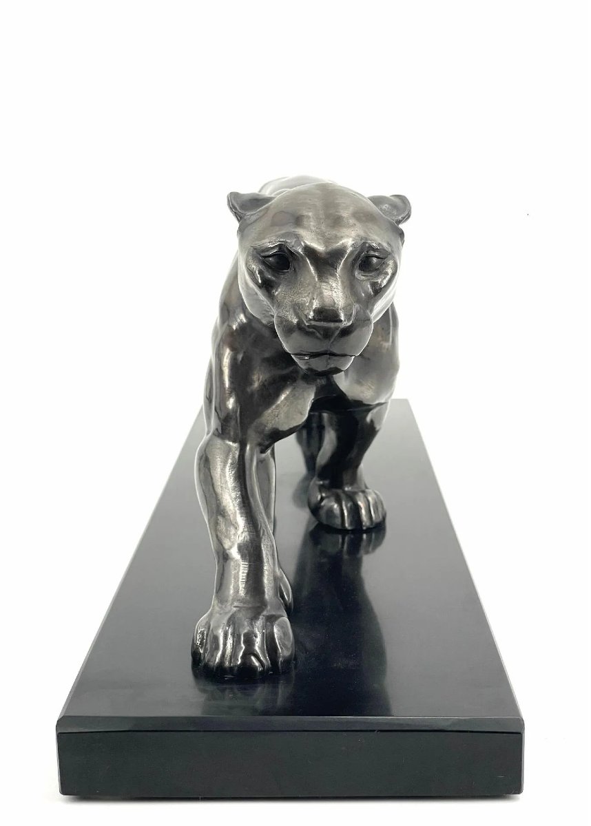 Panthère marchant – d’après Alexandre Ouline (1895-1944) Sculpture en bronze à patine argentée -photo-3