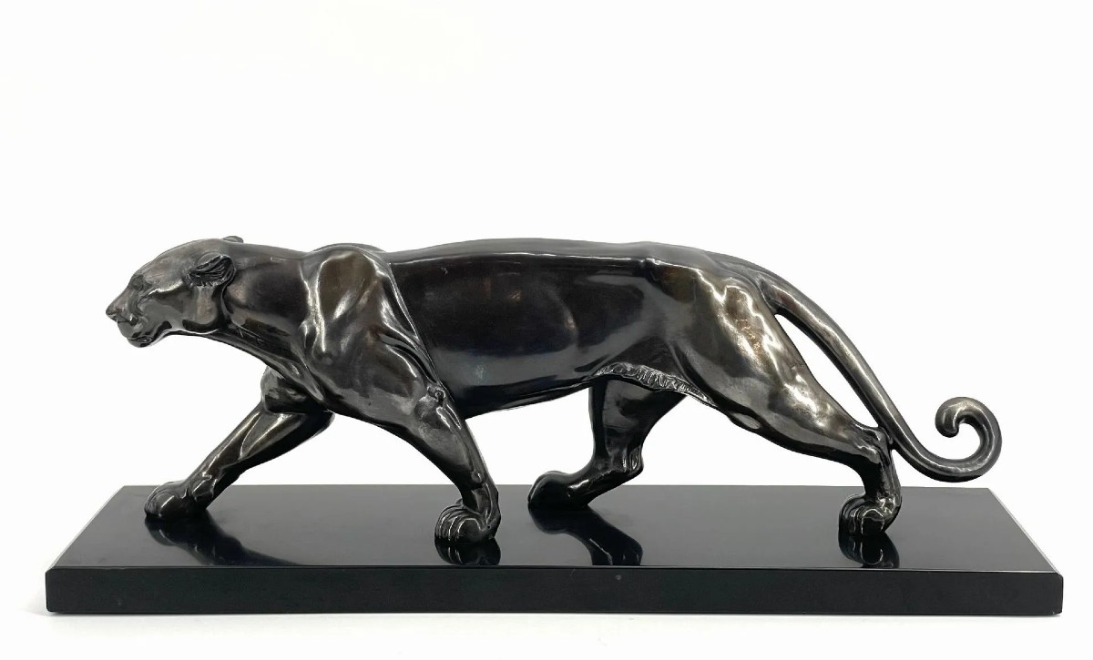 Panthère marchant – d’après Alexandre Ouline (1895-1944) Sculpture en bronze à patine argentée 