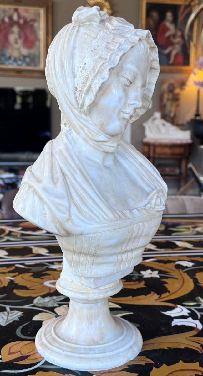 Buste en albâtre d’après Jean-Baptiste Greuze Albâtre sculpté – fin XIXe siècle  -photo-3