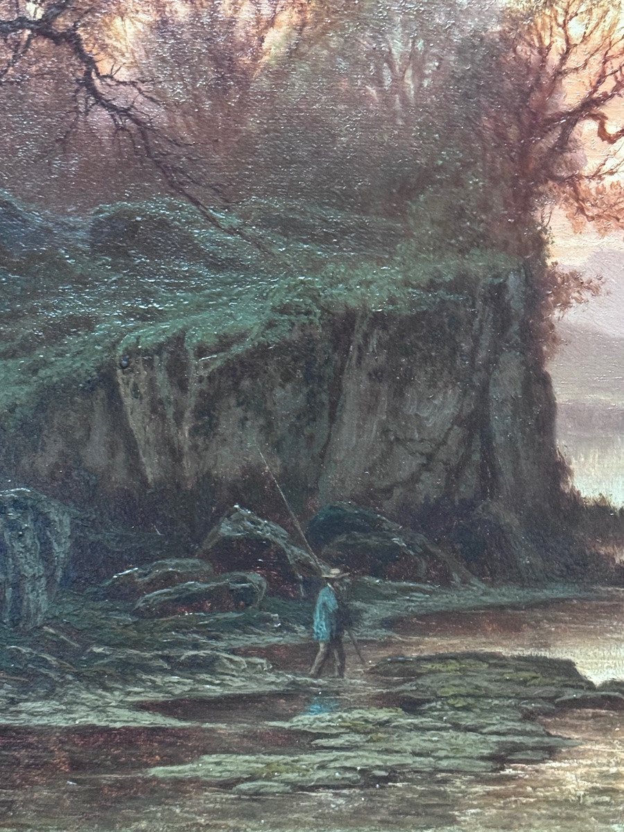 François-victor Jeanneney (1832-1885) Landscape At Sunset – Oil On Canvas  -photo-1