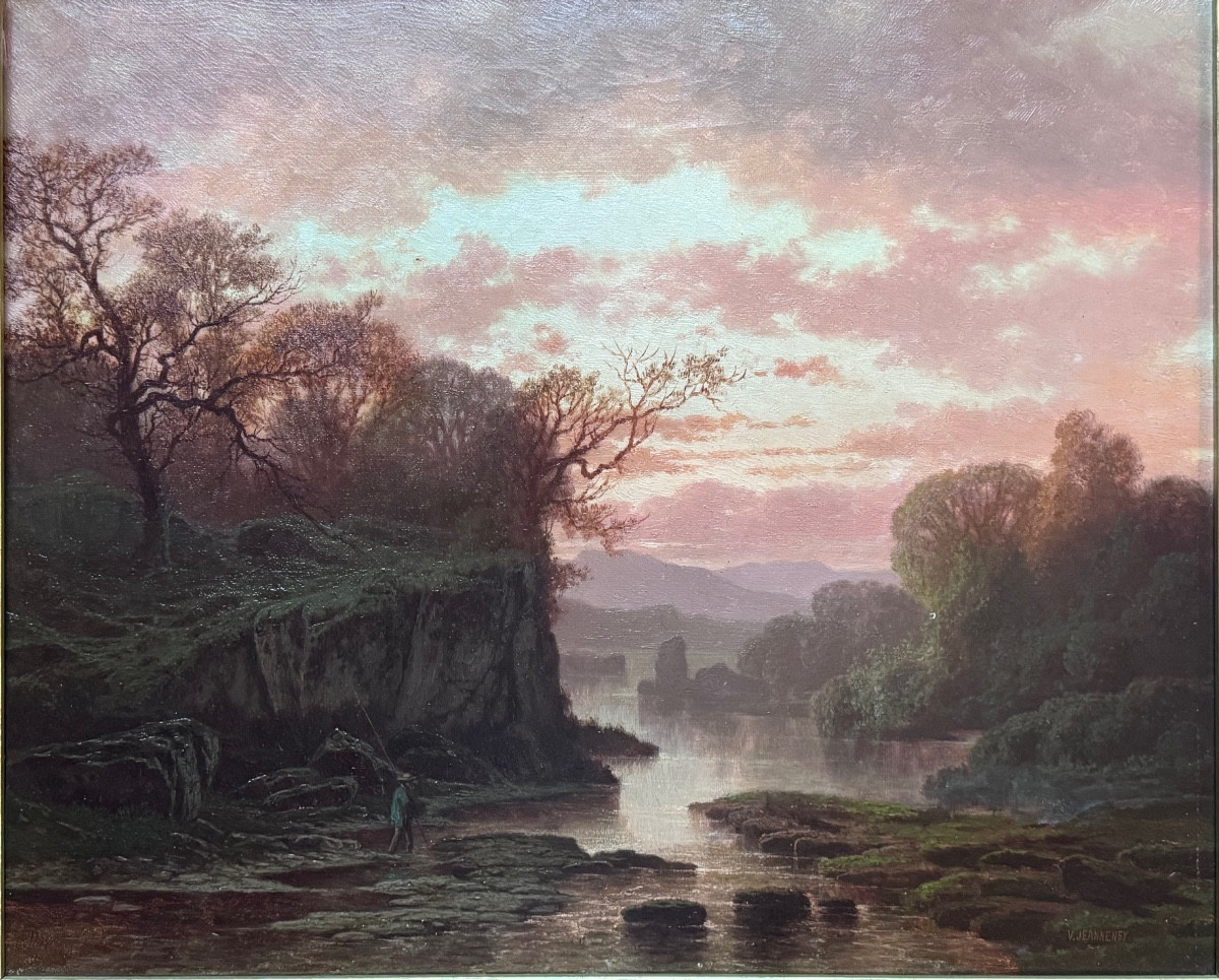 François-victor Jeanneney (1832-1885) Landscape At Sunset – Oil On Canvas  
