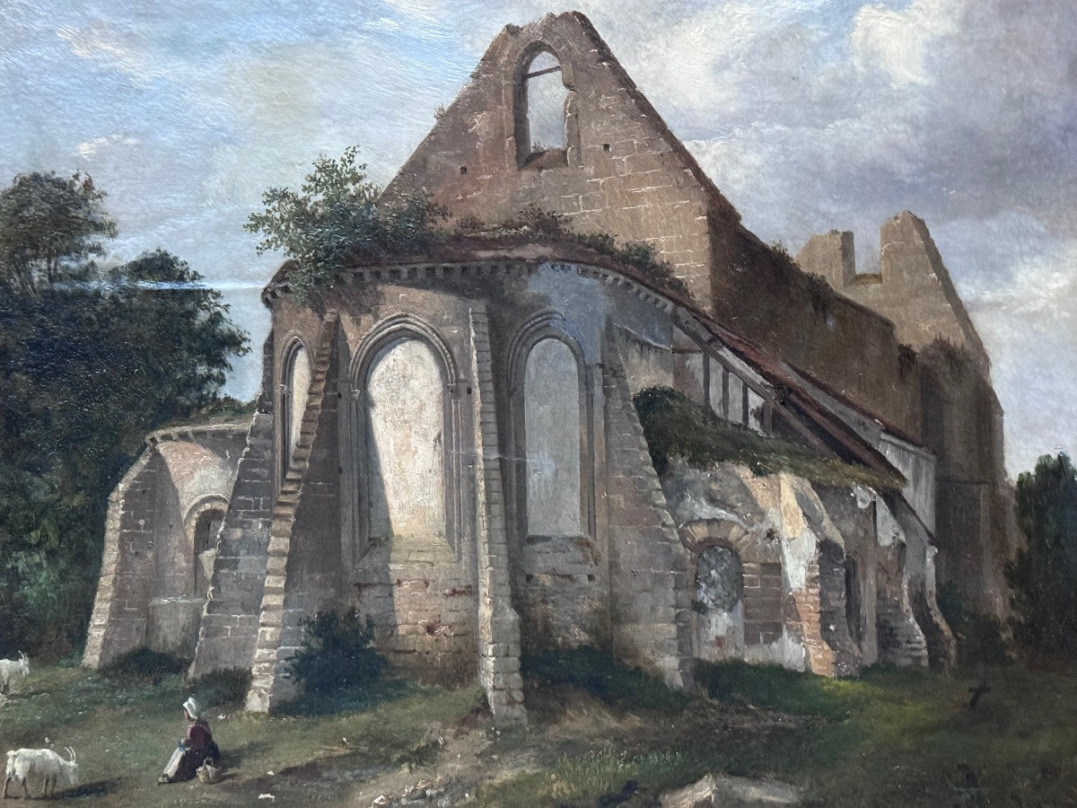École française du milieu du XIXᵉ siècle Ruine d’église dans un paysage pastoral .-photo-4
