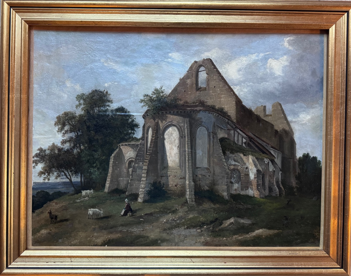 École française du milieu du XIXᵉ siècle Ruine d’église dans un paysage pastoral .