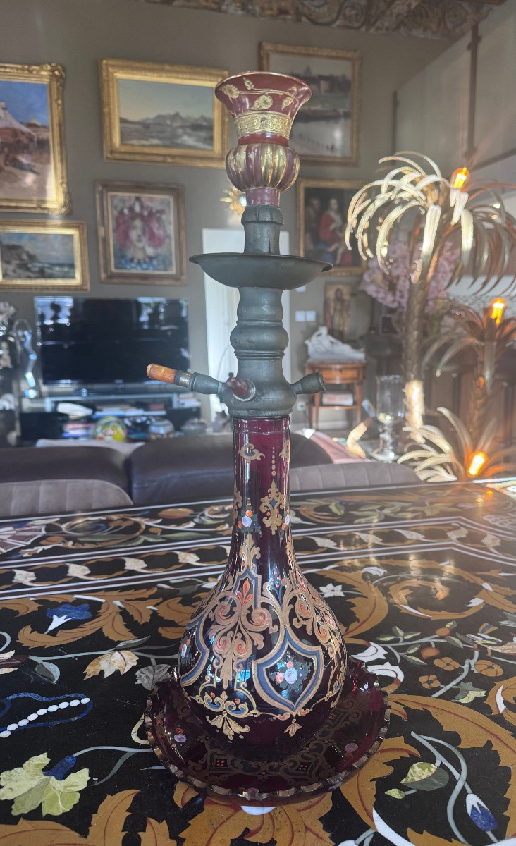 Bohemian Enameled Glass Column Hookah – 19th Century. Provenance: Painter's Workshop -photo-3