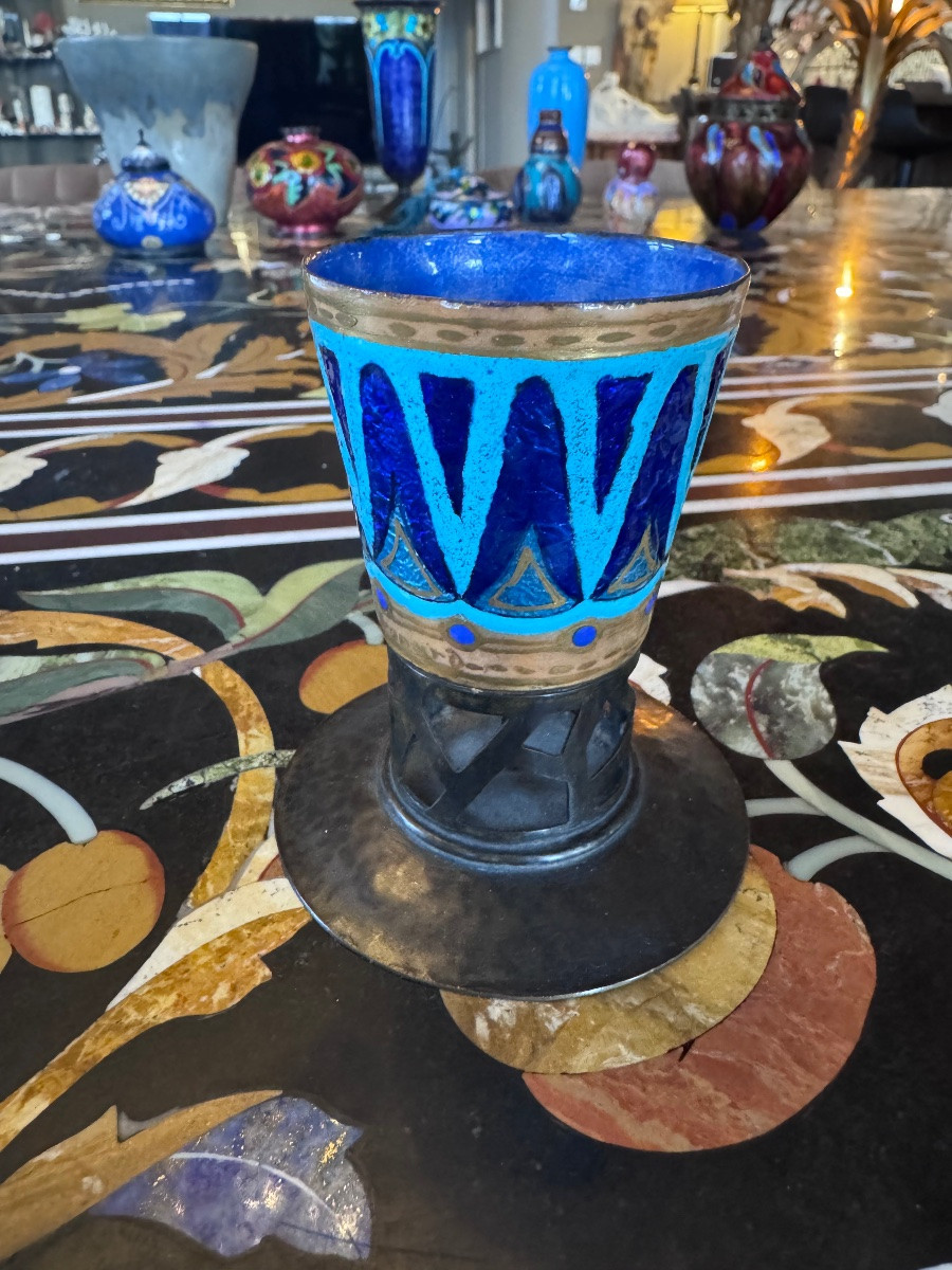 Léon Brunard (1872-1931) Small Enameled Copper Vase On A Wrought Iron Base – Circa 1920  -photo-2