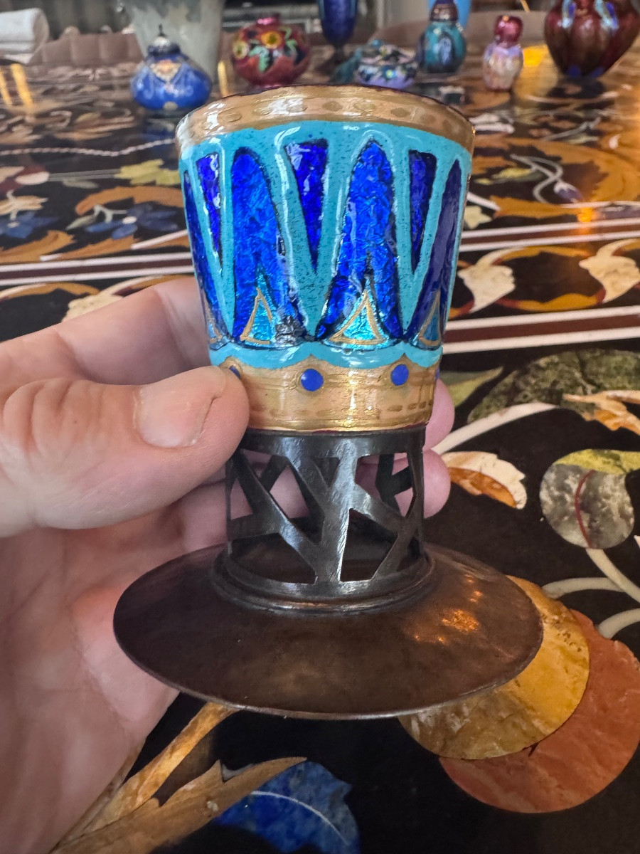 Léon Brunard (1872-1931) Small Enameled Copper Vase On A Wrought Iron Base – Circa 1920  -photo-3