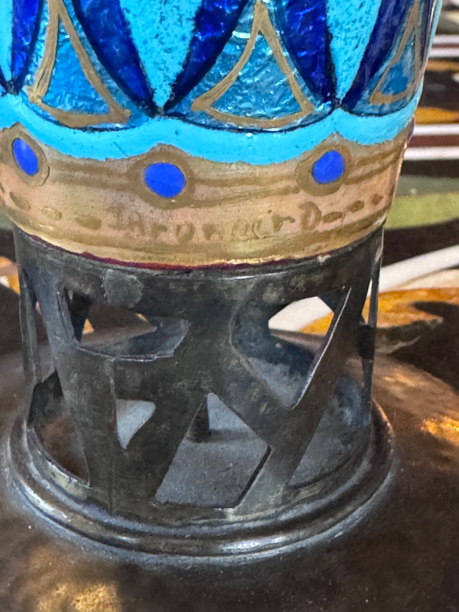 Léon Brunard (1872-1931) Small Enameled Copper Vase On A Wrought Iron Base – Circa 1920  -photo-4