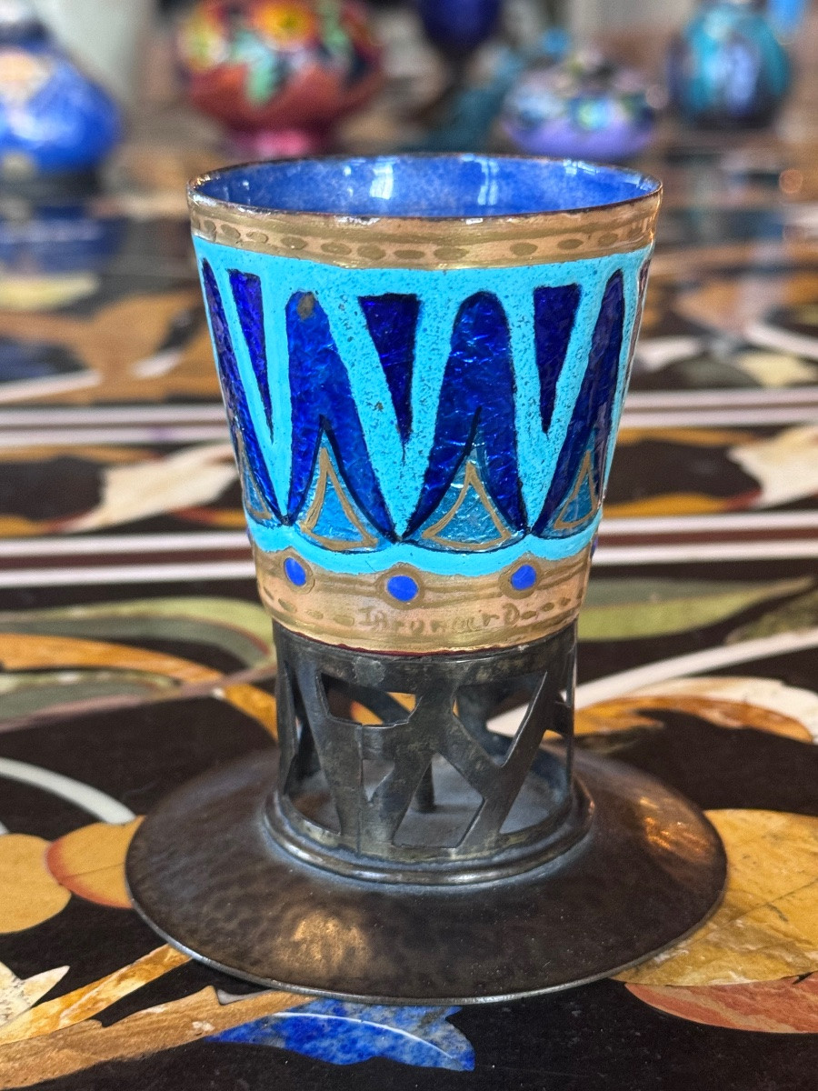 Léon Brunard (1872-1931) Small Enameled Copper Vase On A Wrought Iron Base – Circa 1920  -photo-1