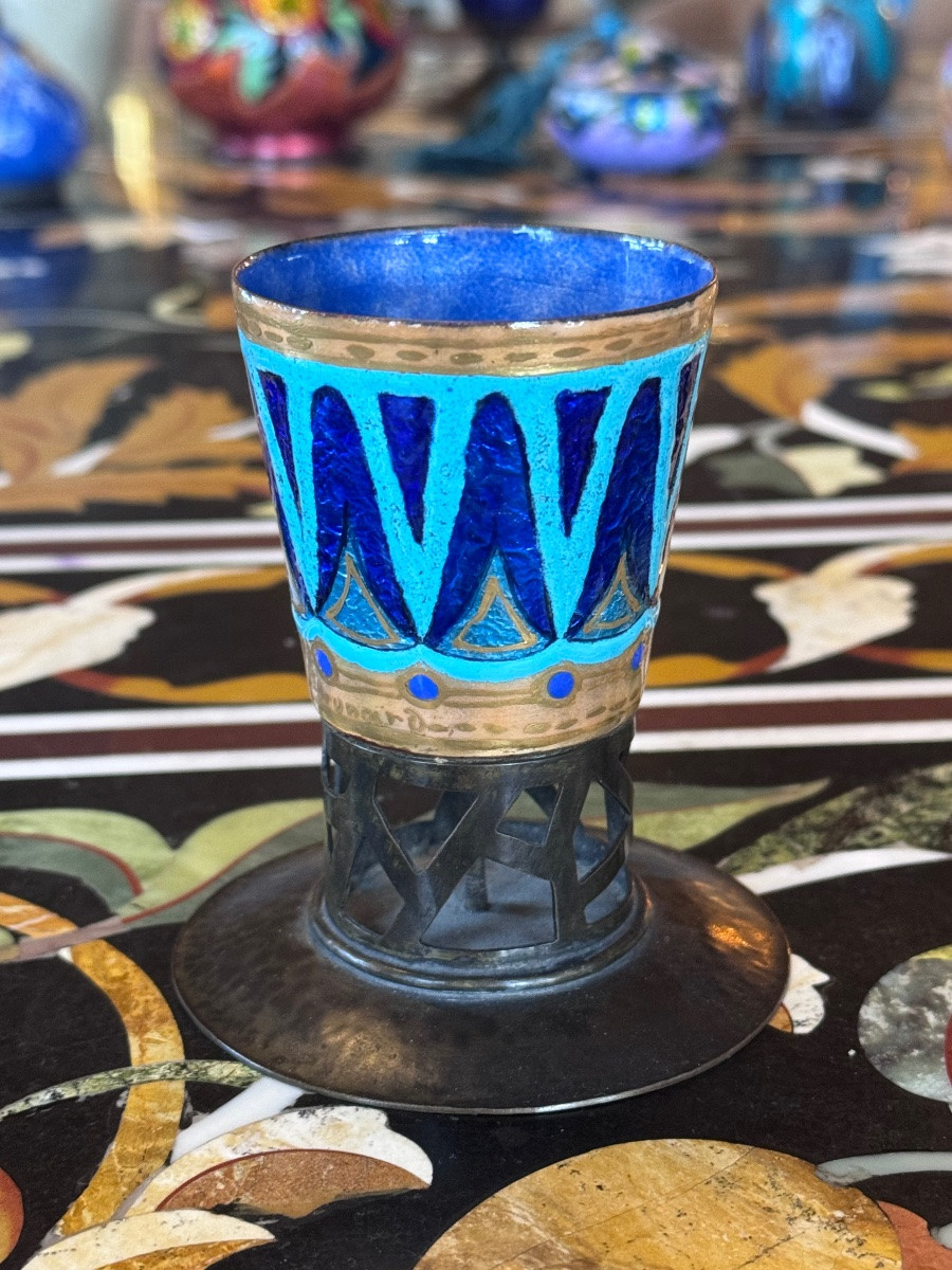 Léon Brunard (1872-1931) Small Enameled Copper Vase On A Wrought Iron Base – Circa 1920  -photo-3