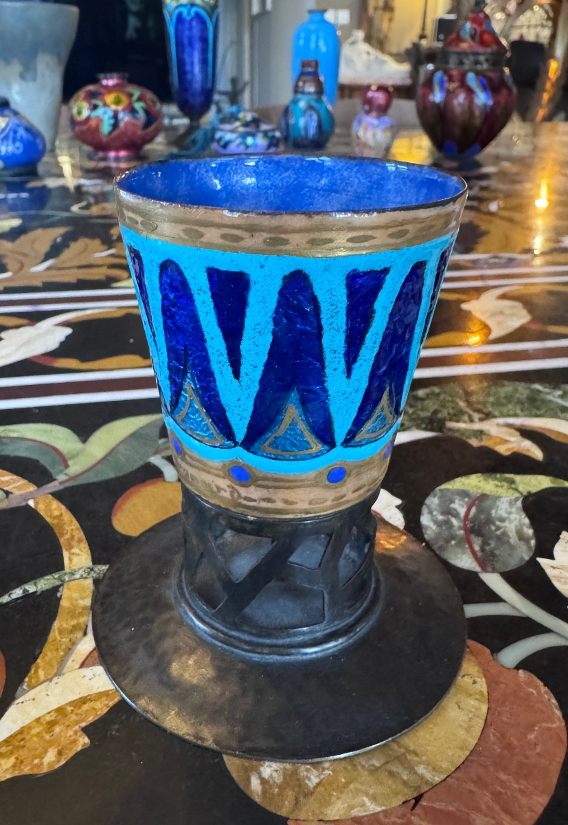 Léon Brunard (1872-1931) Small Enameled Copper Vase On A Wrought Iron Base – Circa 1920  