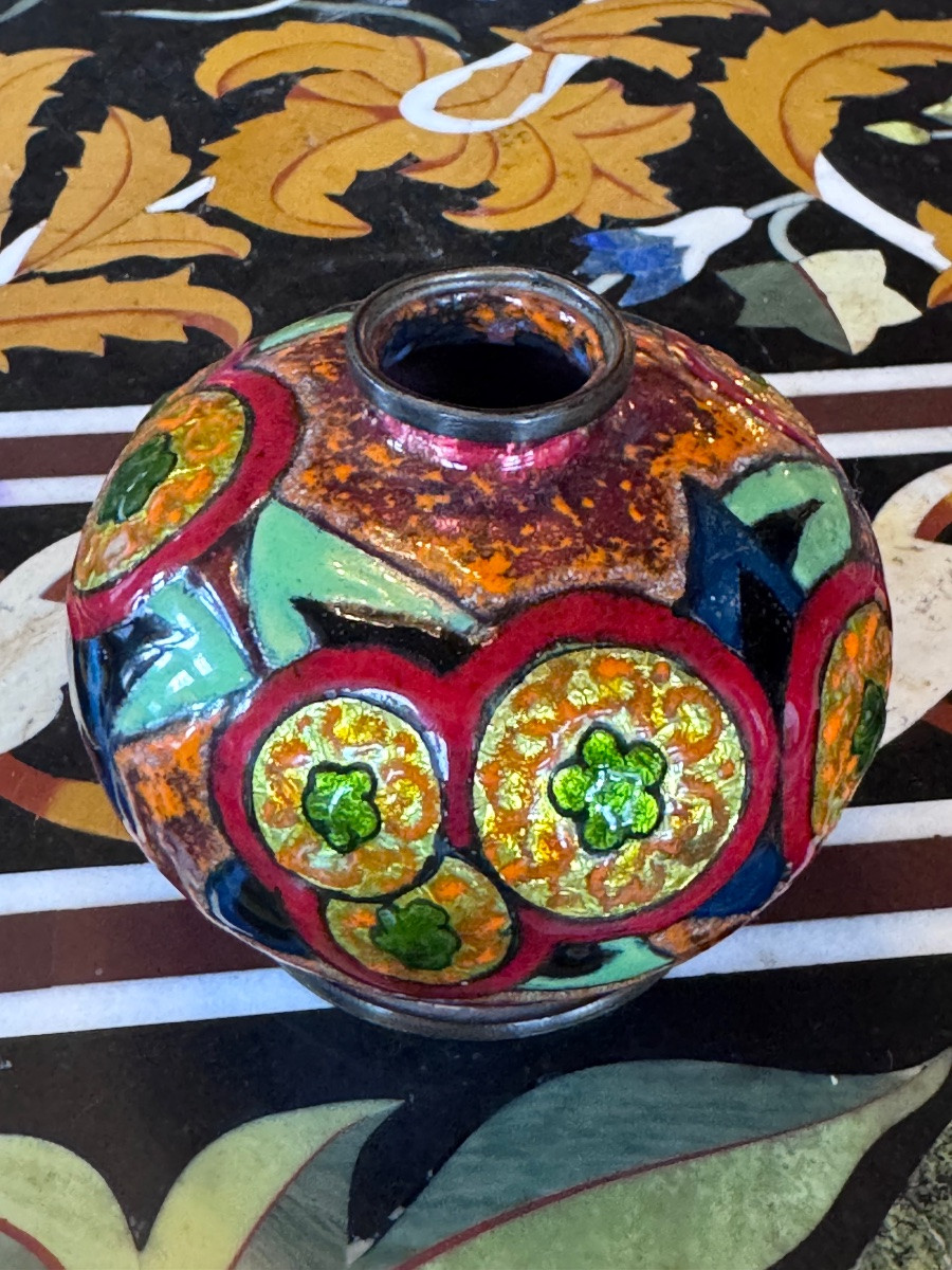 Léon Brunard (1872-1931) Enamelled Copper Vase With Geometric Decoration – Art Deco, Circa 1920  -photo-2