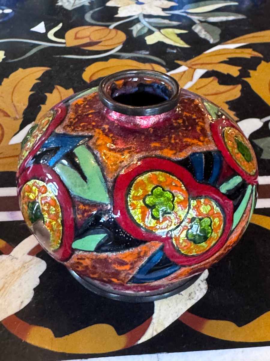 Léon Brunard (1872-1931) Enamelled Copper Vase With Geometric Decoration – Art Deco, Circa 1920  -photo-3
