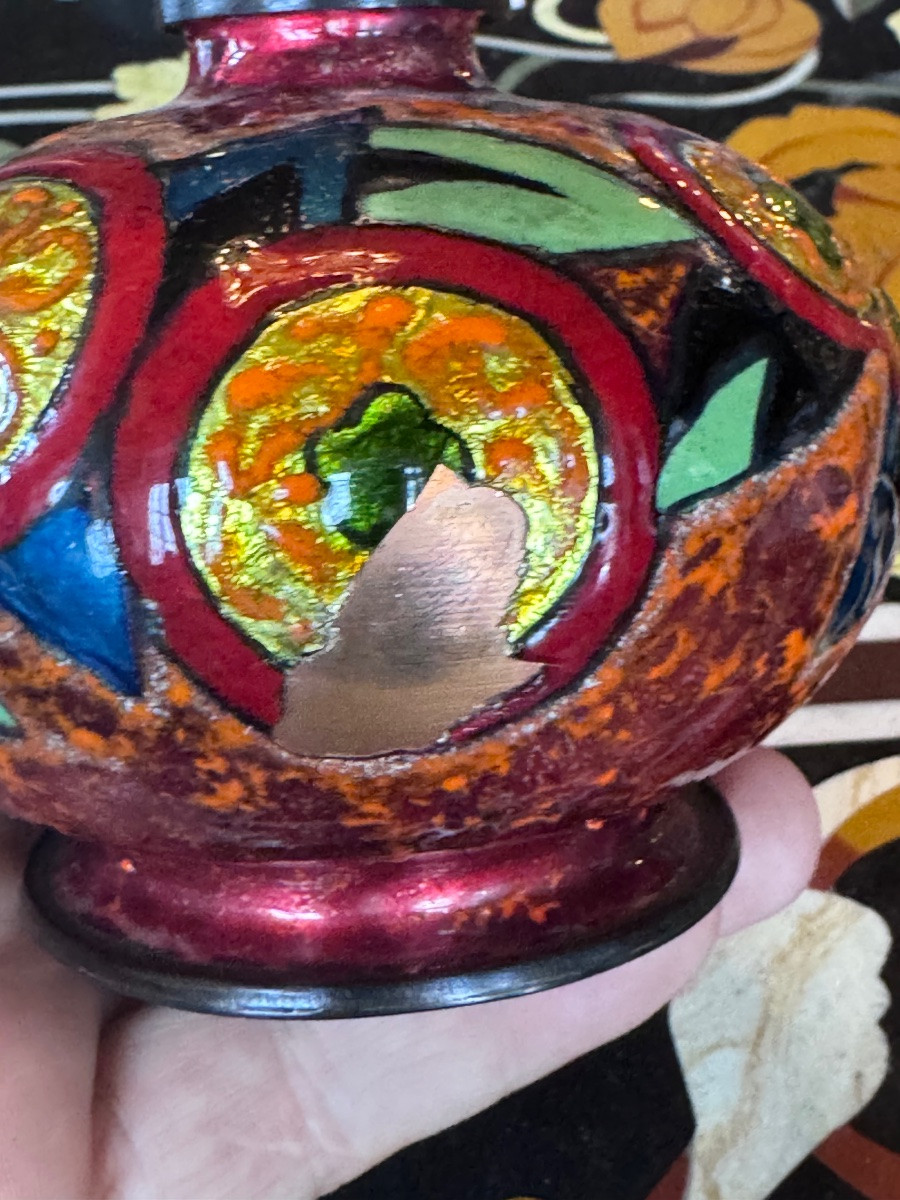 Léon Brunard (1872-1931) Enamelled Copper Vase With Geometric Decoration – Art Deco, Circa 1920  -photo-4
