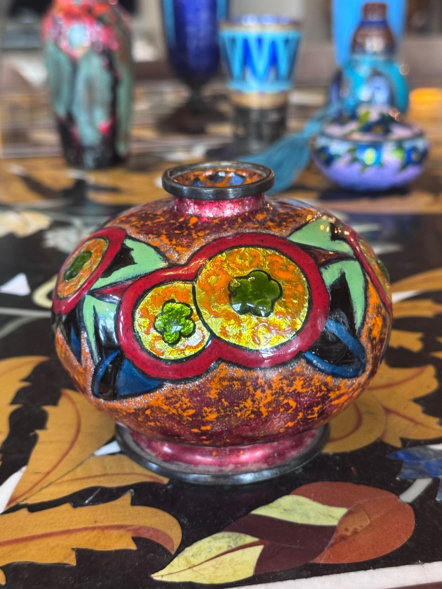 Léon Brunard (1872-1931) Enamelled Copper Vase With Geometric Decoration – Art Deco, Circa 1920  -photo-2