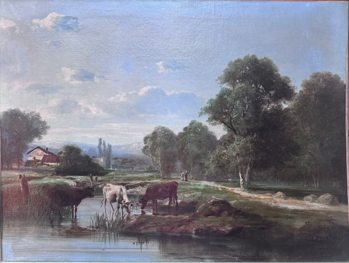 Théodore Levigne (1848–1912) Lively Landscape With Cows – Pasture Scene Oil On Canvas,-photo-2