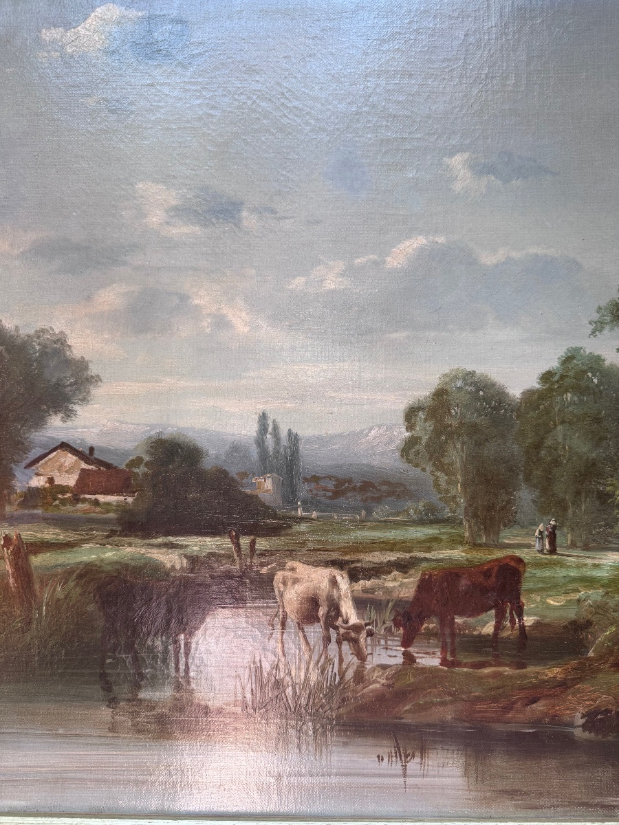 Théodore Levigne (1848–1912) Lively Landscape With Cows – Pasture Scene Oil On Canvas,-photo-3