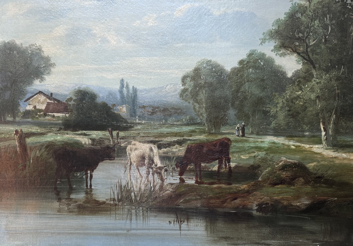 Théodore Levigne (1848–1912) Lively Landscape With Cows – Pasture Scene Oil On Canvas,-photo-2