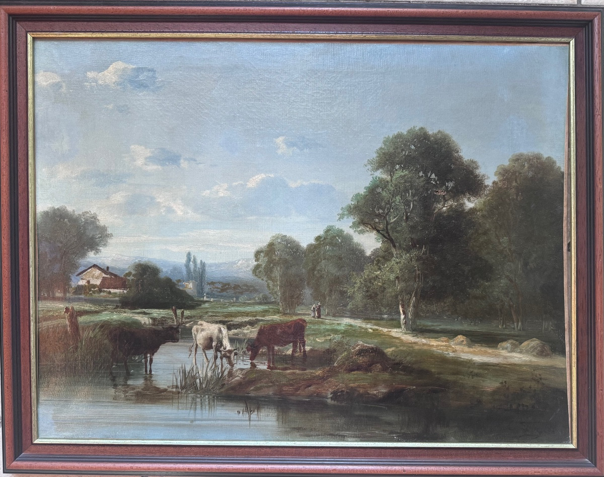 Théodore Levigne (1848–1912) Lively Landscape With Cows – Pasture Scene Oil On Canvas,