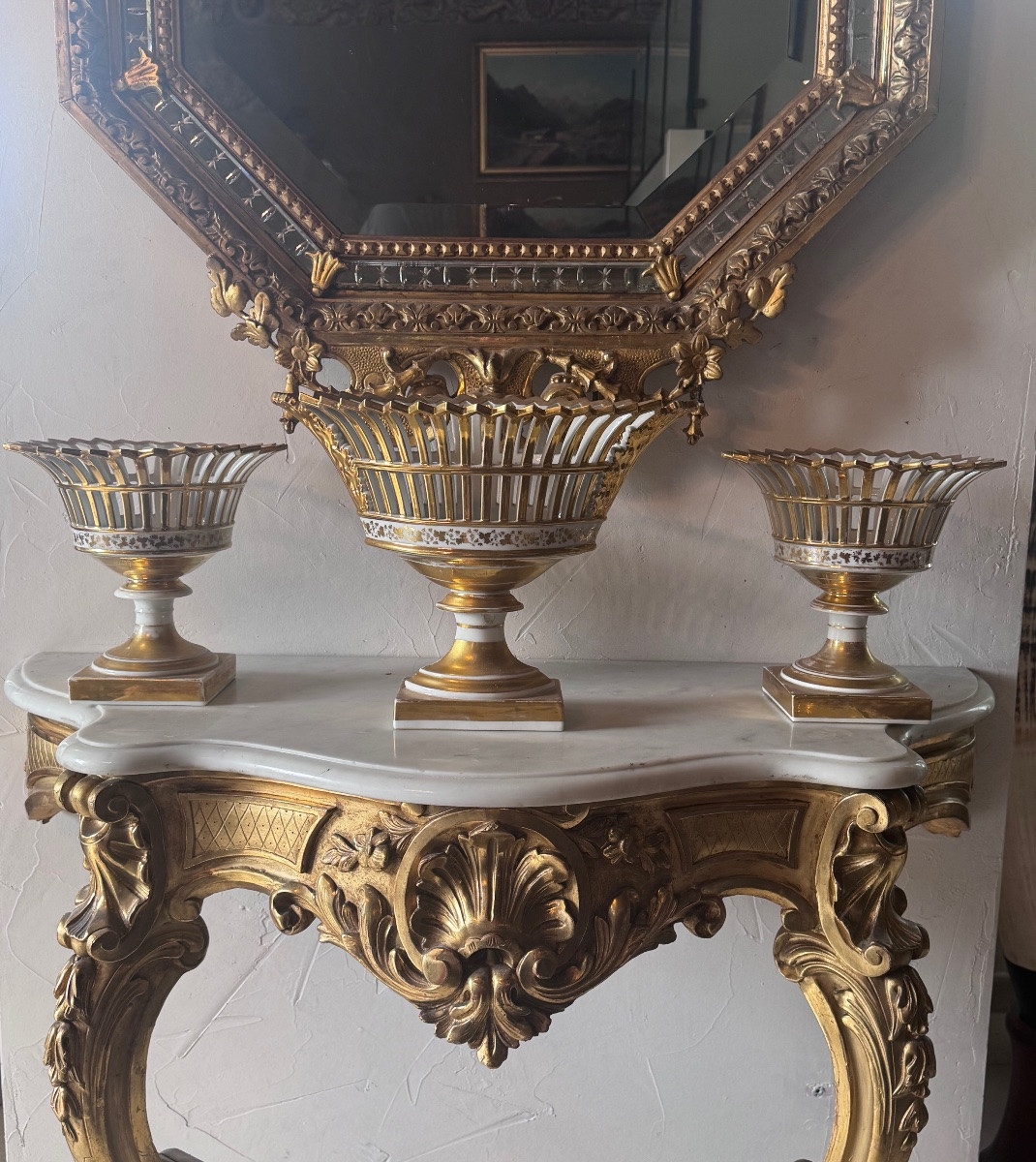 Garniture de cheminée d’époque Empire en porcelaine de Paris, décor or fin .-photo-2