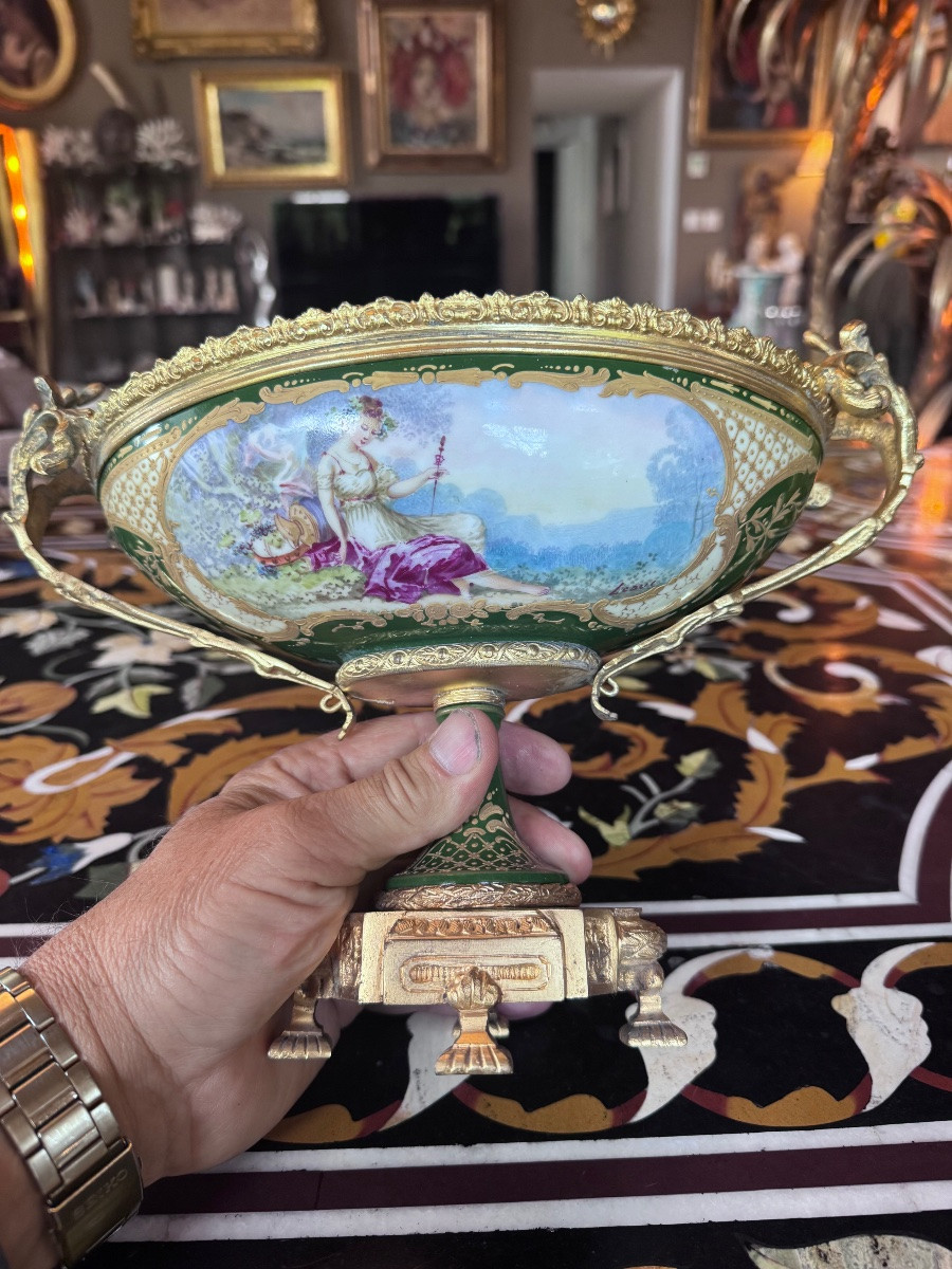 Napoleon III Gilt Bronze And Porcelain Bowl, Decoration Signed Leduc-photo-4