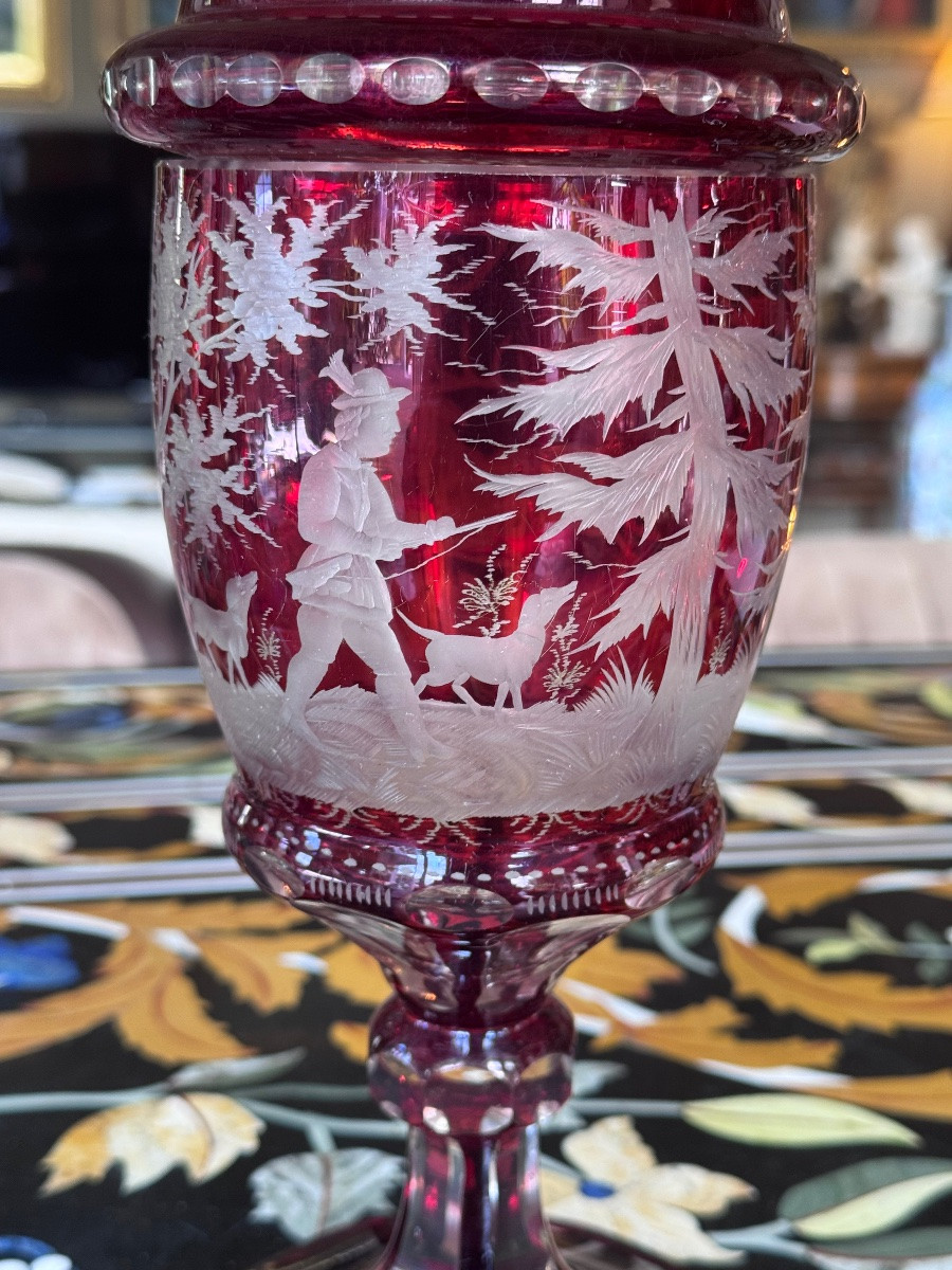 Bohemian Crystal Covered Drageoir With Hunting Decor - 19th Century.-photo-2
