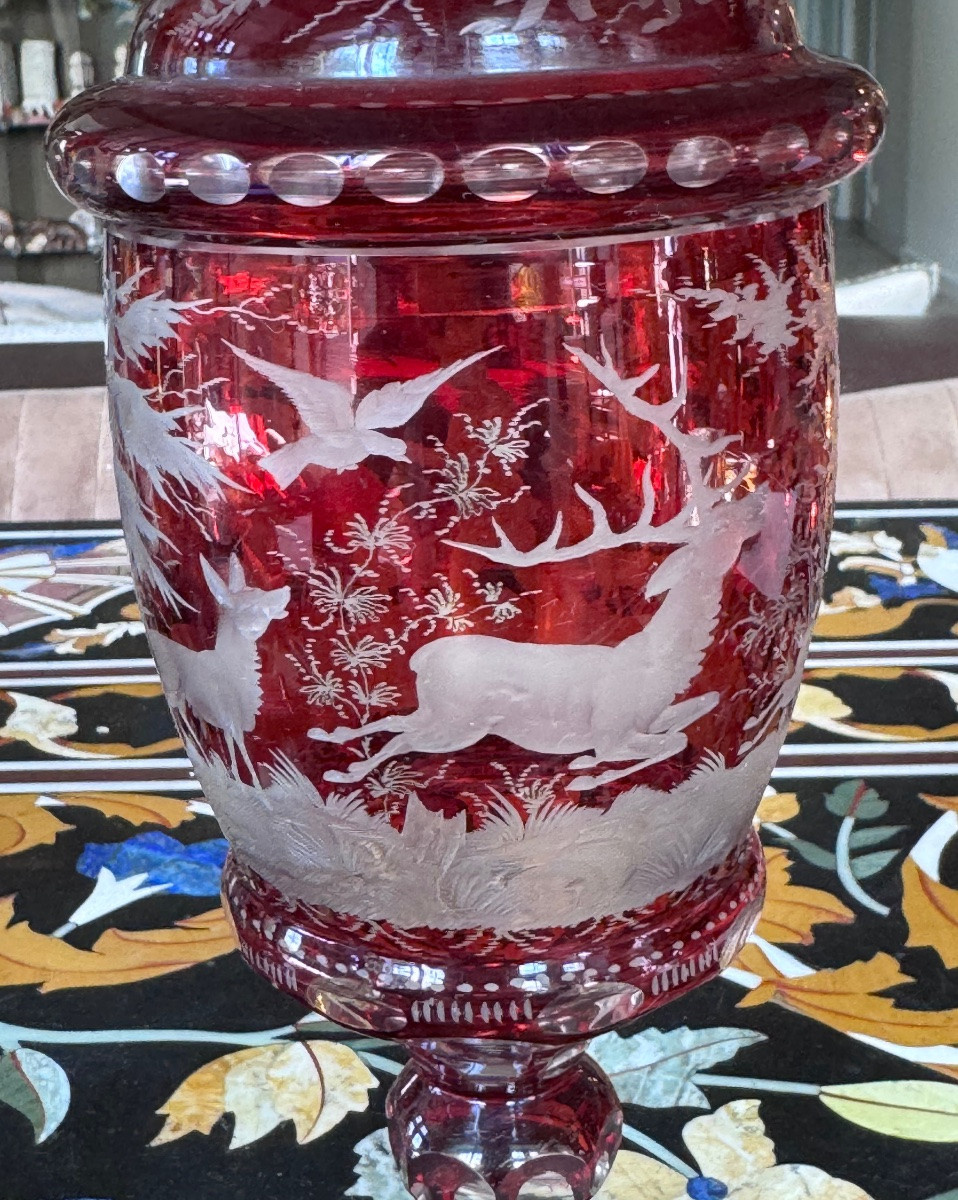 Bohemian Crystal Covered Drageoir With Hunting Decor - 19th Century.-photo-4