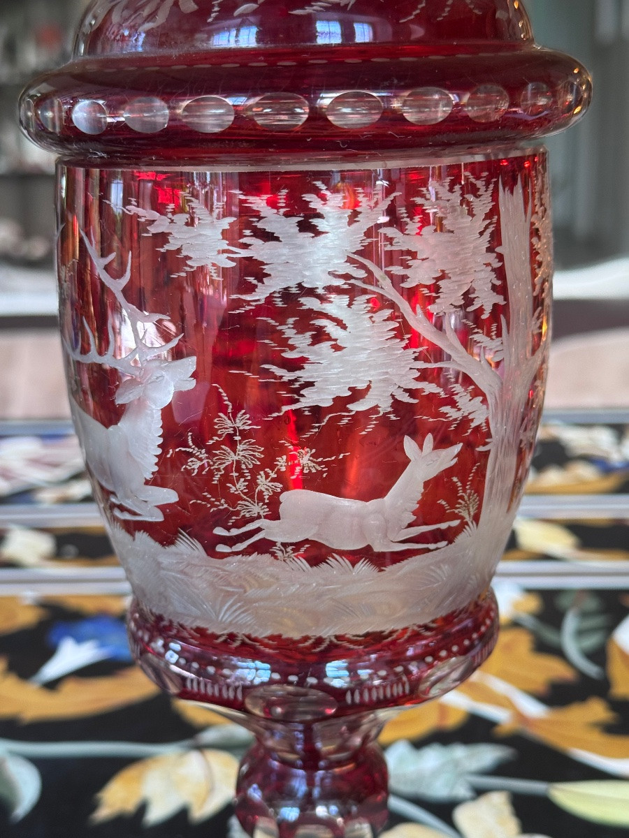 Bohemian Crystal Covered Drageoir With Hunting Decor - 19th Century.-photo-1