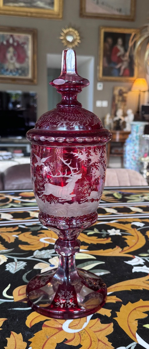 Bohemian Crystal Covered Drageoir With Hunting Decor - 19th Century.-photo-4