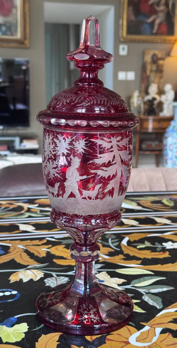 Bohemian Crystal Covered Drageoir With Hunting Decor - 19th Century.