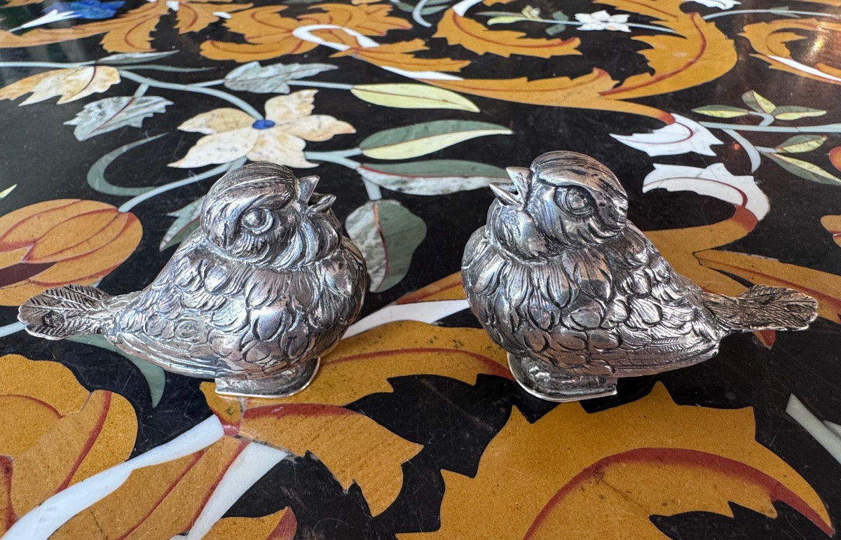 Pair Of Solid Silver Salt Cellars Decorated With Whistling Birds - 20th Century Work.-photo-2