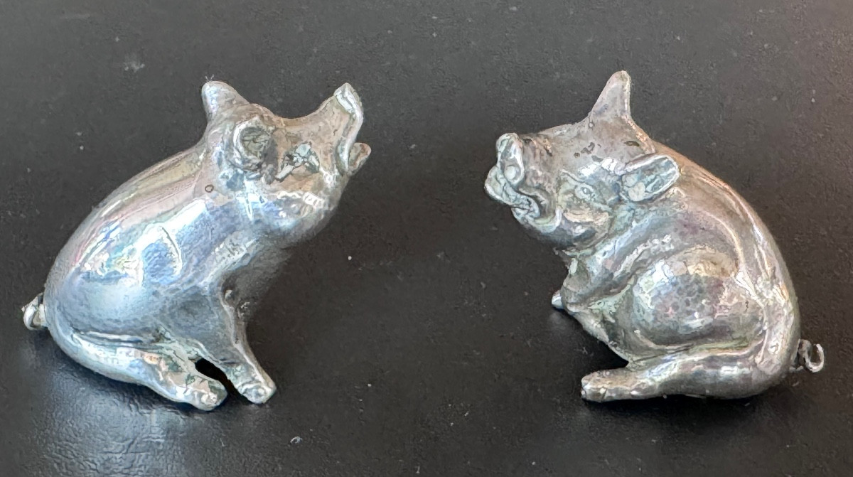 Pair Of Solid Silver Salt Cellars In The Shape Of Pigs.
