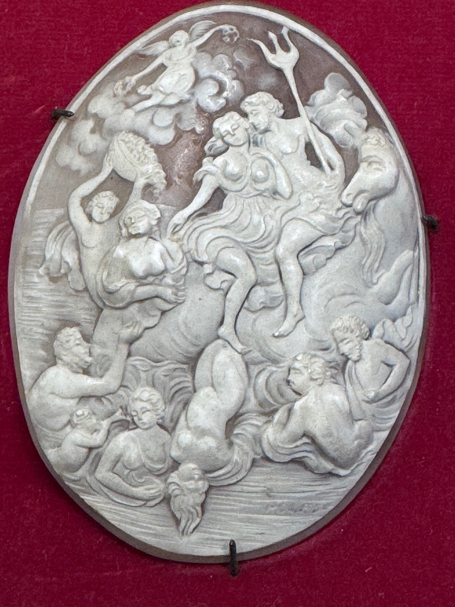 Camée en coquillage sculpté – Neptune et cortège marin – Travail du Grand Tour, XIXe siècle .-photo-3
