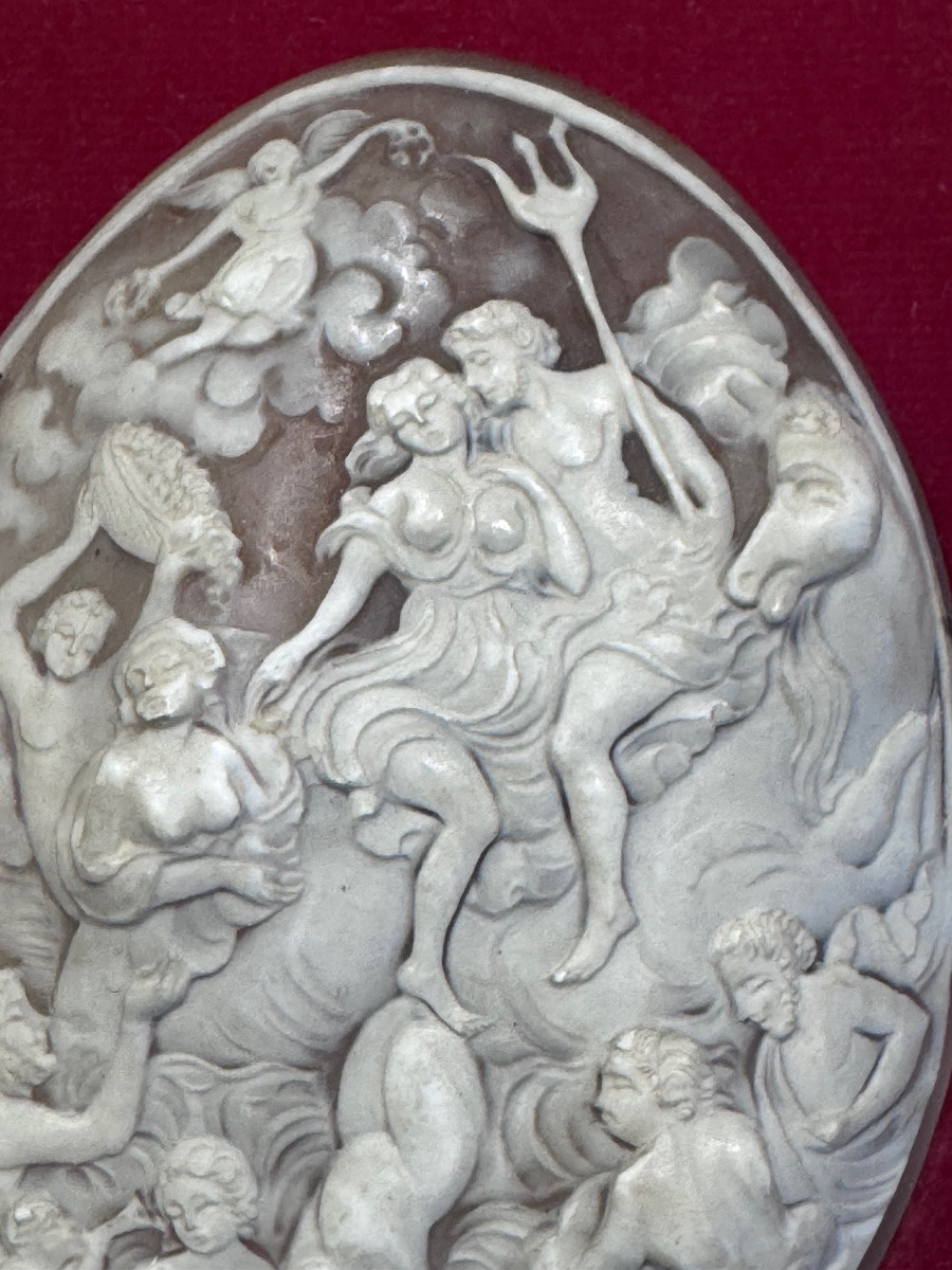 Camée en coquillage sculpté – Neptune et cortège marin – Travail du Grand Tour, XIXe siècle .-photo-1