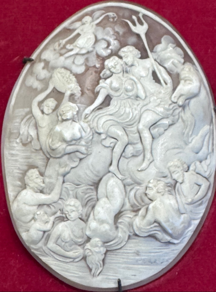 Camée en coquillage sculpté – Neptune et cortège marin – Travail du Grand Tour, XIXe siècle .-photo-2