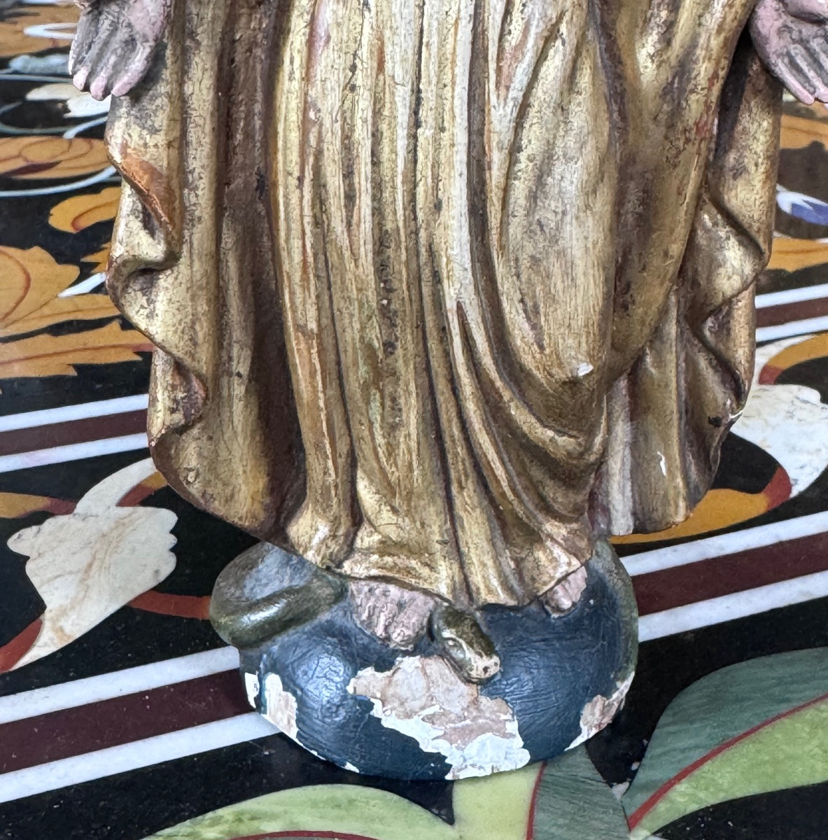 18th Century Carved And Gilded Wood Virgin - Virgin Casting Down The Serpent.-photo-3