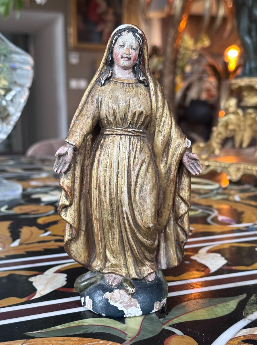 18th Century Carved And Gilded Wood Virgin - Virgin Casting Down The Serpent.