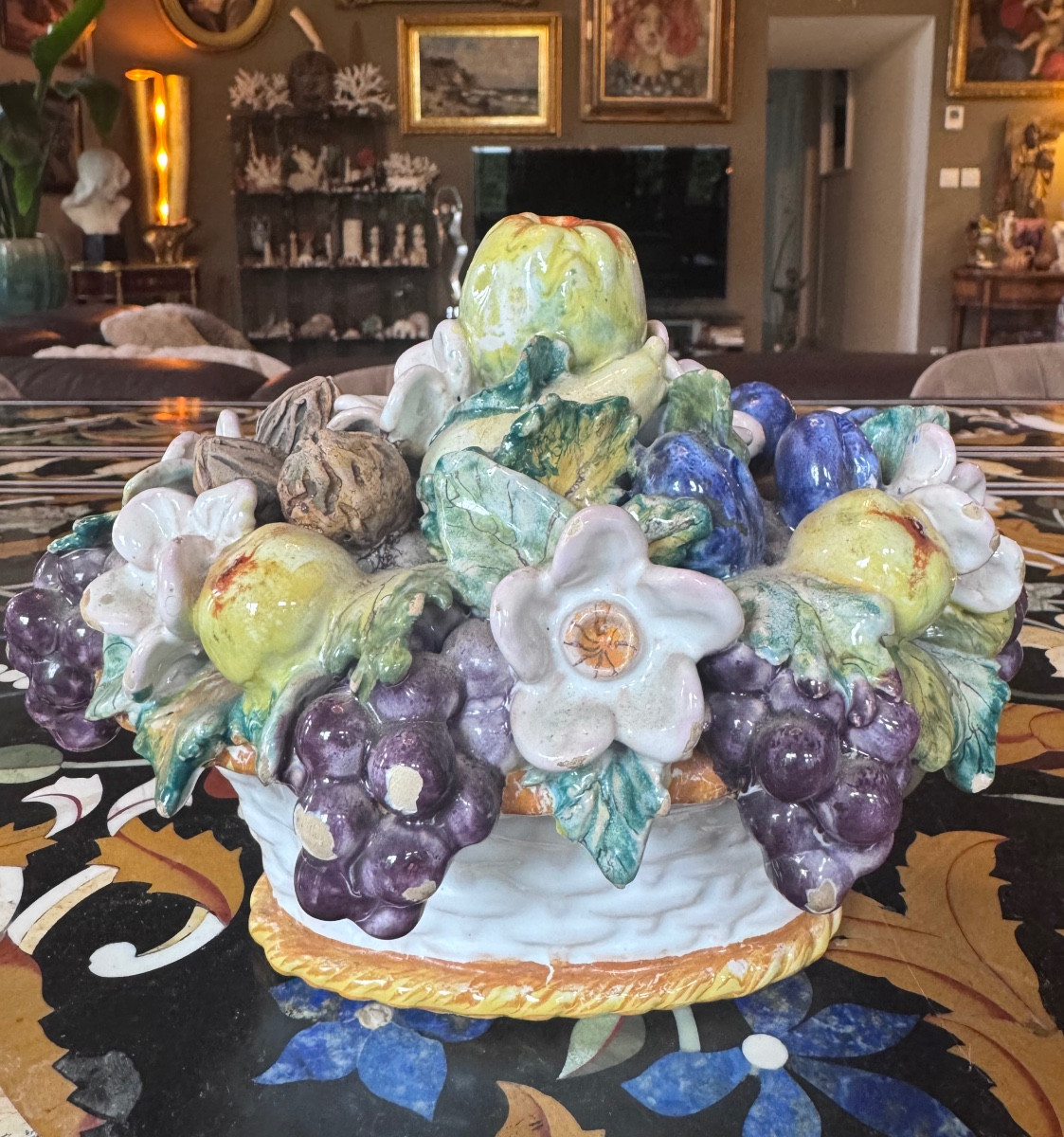 Malicorne Earthenware Centerpiece - Naturalistic Fruit Design - 20th Century .