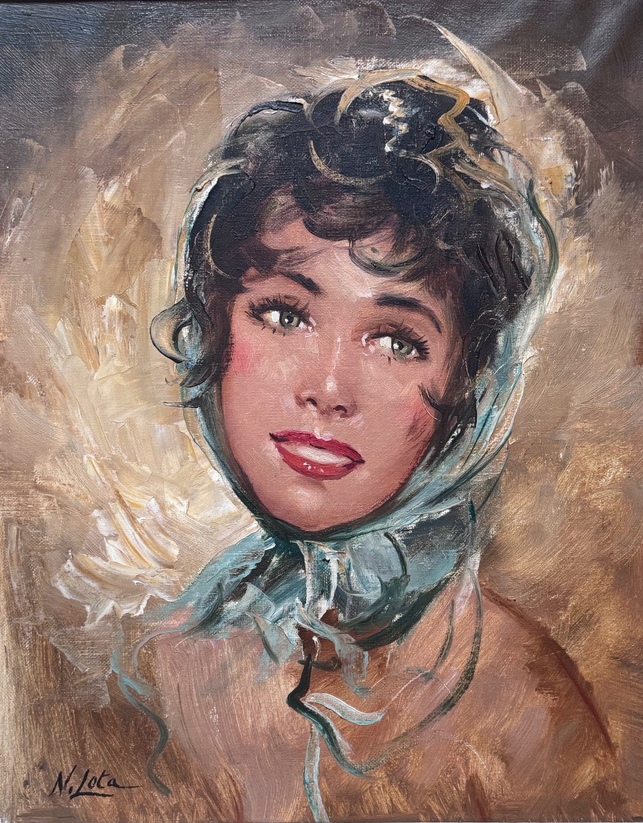 Portrait de jeune femme – École dans le goût de Jean-Gabriel Domergue – signé N. Lota – XXe 