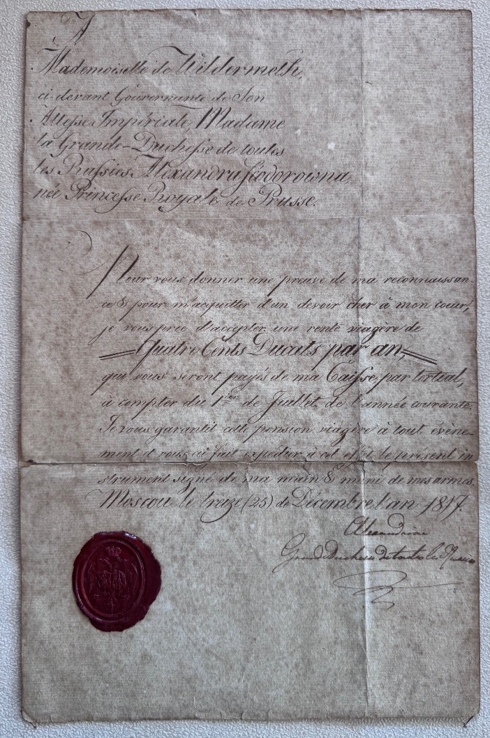 Lettre autographe signée de l’Impératrice Alexandra Feodorovna de Russie – Moscou, 1817  