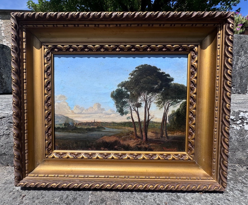 Théodore Ravanat (1812-1883) Lakescape With Pine Trees Oil On Canvas Signed.-photo-2