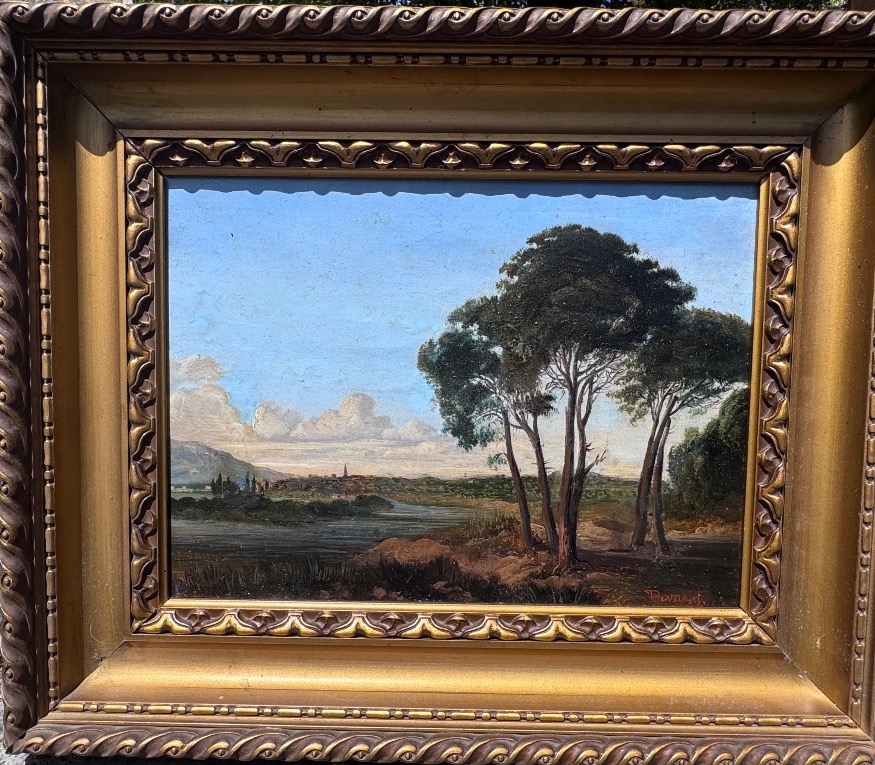 Théodore Ravanat (1812-1883) Lakescape With Pine Trees Oil On Canvas Signed.