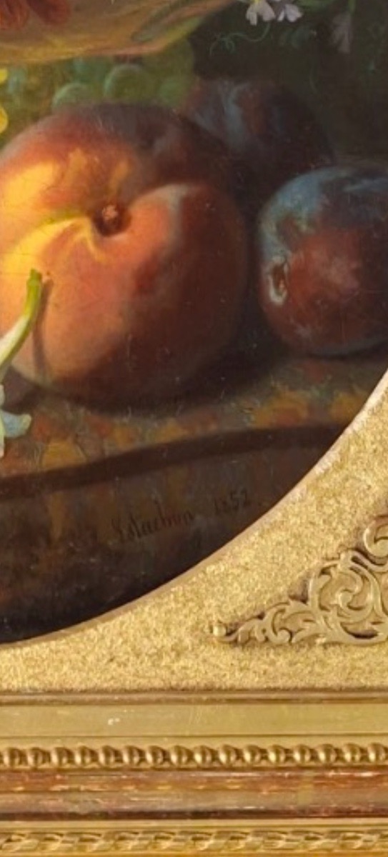 Louis-Antoine Estachon (1819-1857) Nature morte aux raisins et fruits sur entablement de marbre-photo-2