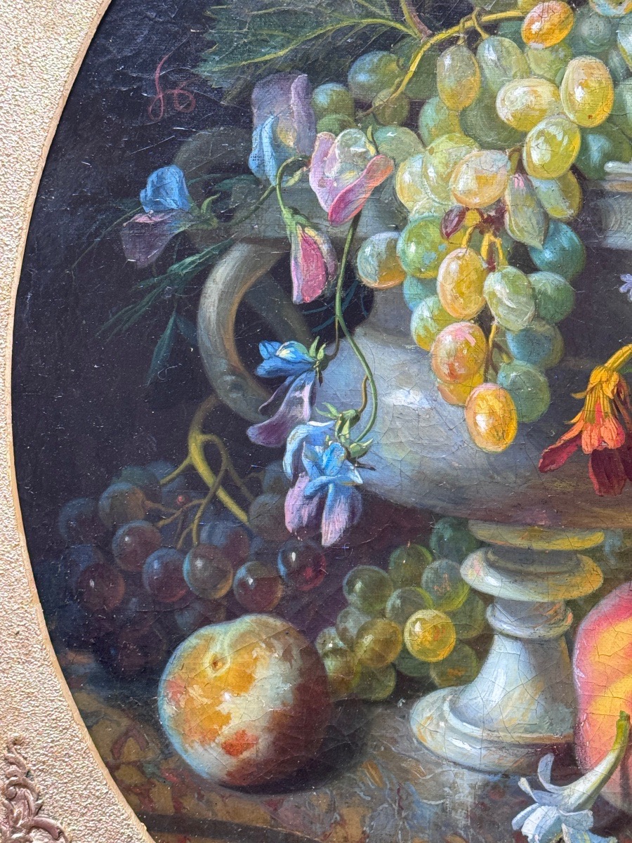 Louis-antoine Estachon (1819-1857) Still Life With Grapes And Fruit On Marble Entablature-photo-3