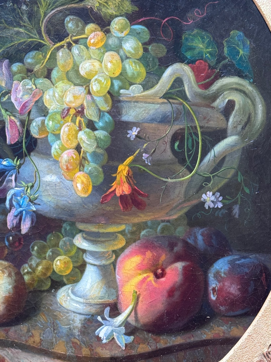 Louis-antoine Estachon (1819-1857) Still Life With Grapes And Fruit On Marble Entablature-photo-4