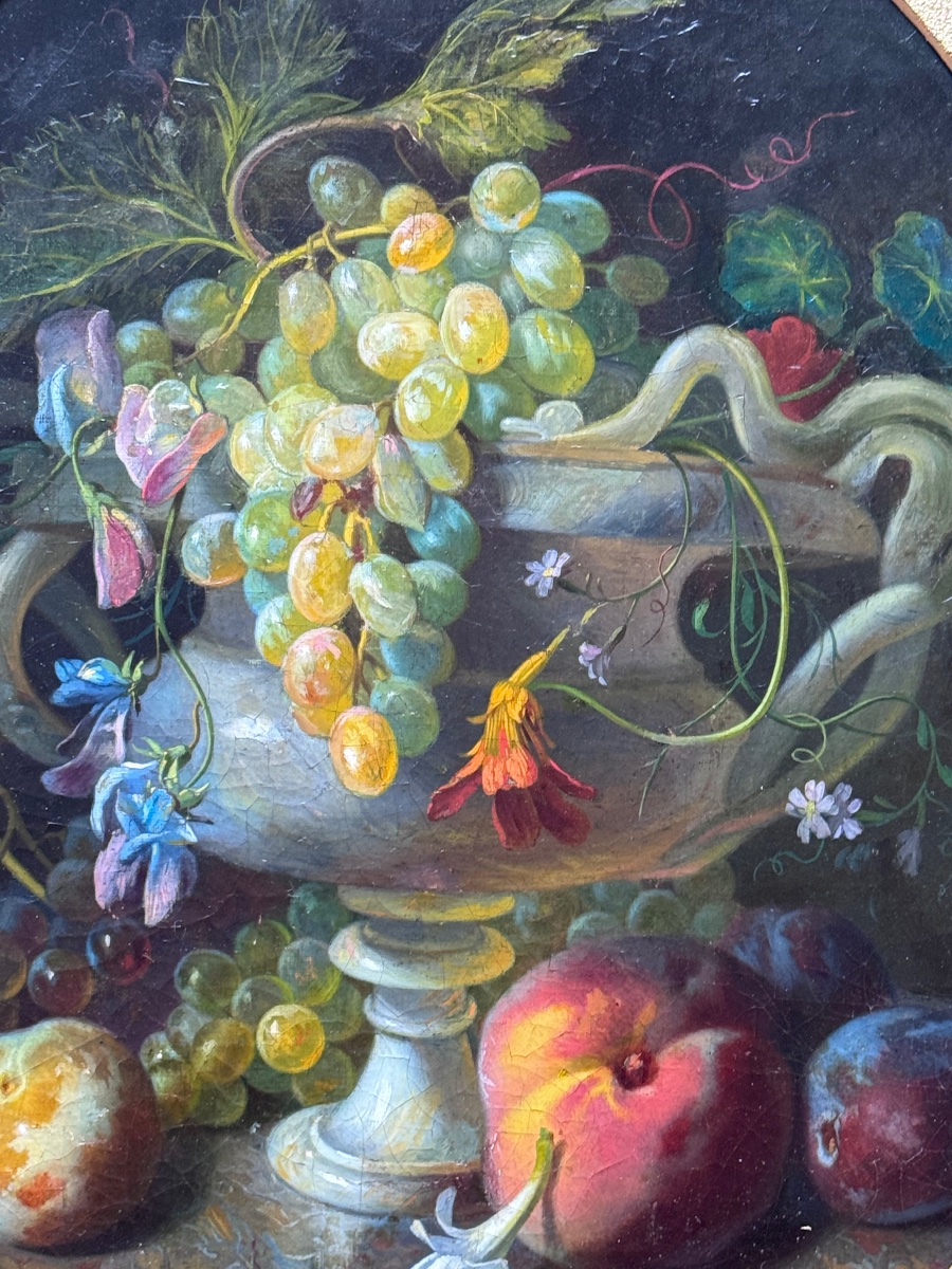 Louis-antoine Estachon (1819-1857) Still Life With Grapes And Fruit On Marble Entablature-photo-1