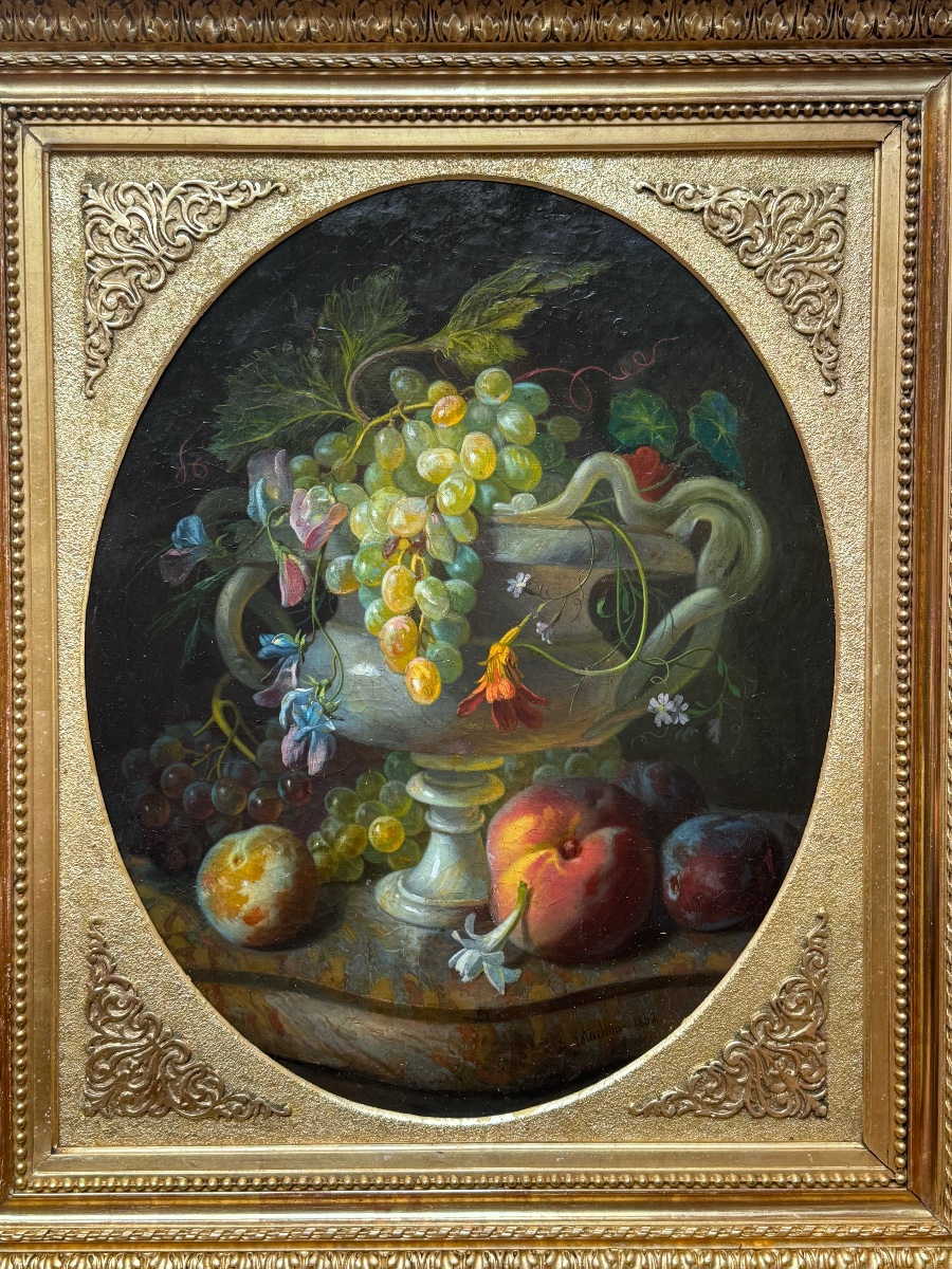 Louis-antoine Estachon (1819-1857) Still Life With Grapes And Fruit On Marble Entablature-photo-3